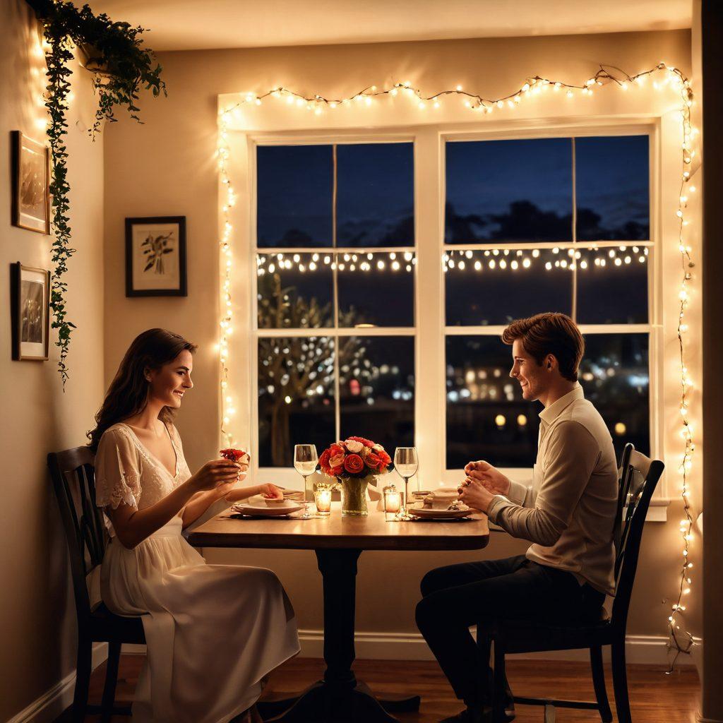 A cozy, intimate dining setting under twinkling fairy lights, with a table adorned in elegant tableware and a bouquet of roses. In the background, soft silhouettes of iconic romantic movie scenes play on a wall, creating a dreamy atmosphere. Include a couple smiling, sharing a dessert, radiating warmth and connection. Paint this scene with vibrant colors, captivating details, and a touch of soft-focus to evoke romance. super-realistic. warm tones.