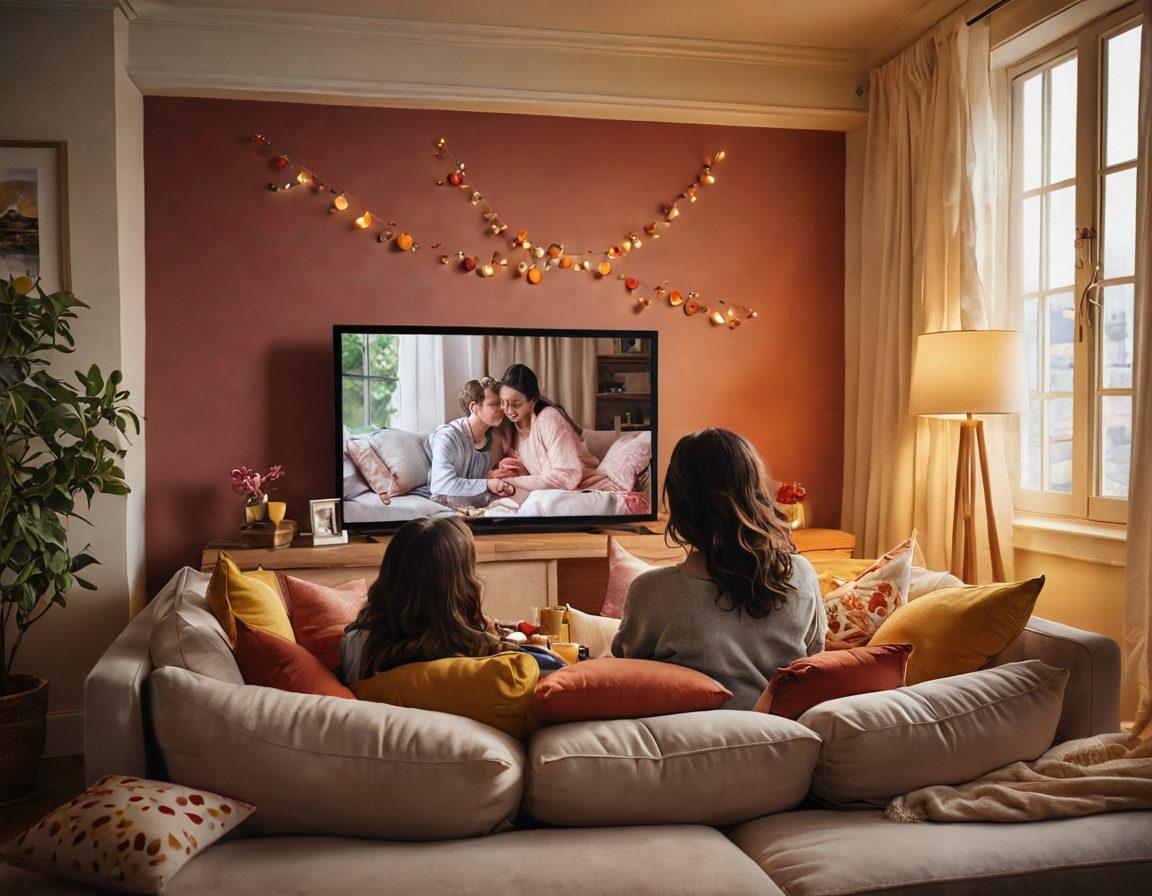 A cozy living room scene with a couple snuggled together on a couch, watching a heartwarming series on a large screen. The room is adorned with warm lighting, colorful cushions, and an array of snacks. A pet lovingly rests at their feet, symbolizing companionship. Soft, dreamy elements like swirling hearts and film strips float around them, suggesting intimacy and connection through the screen. super-realistic. warm colors. soft focus.